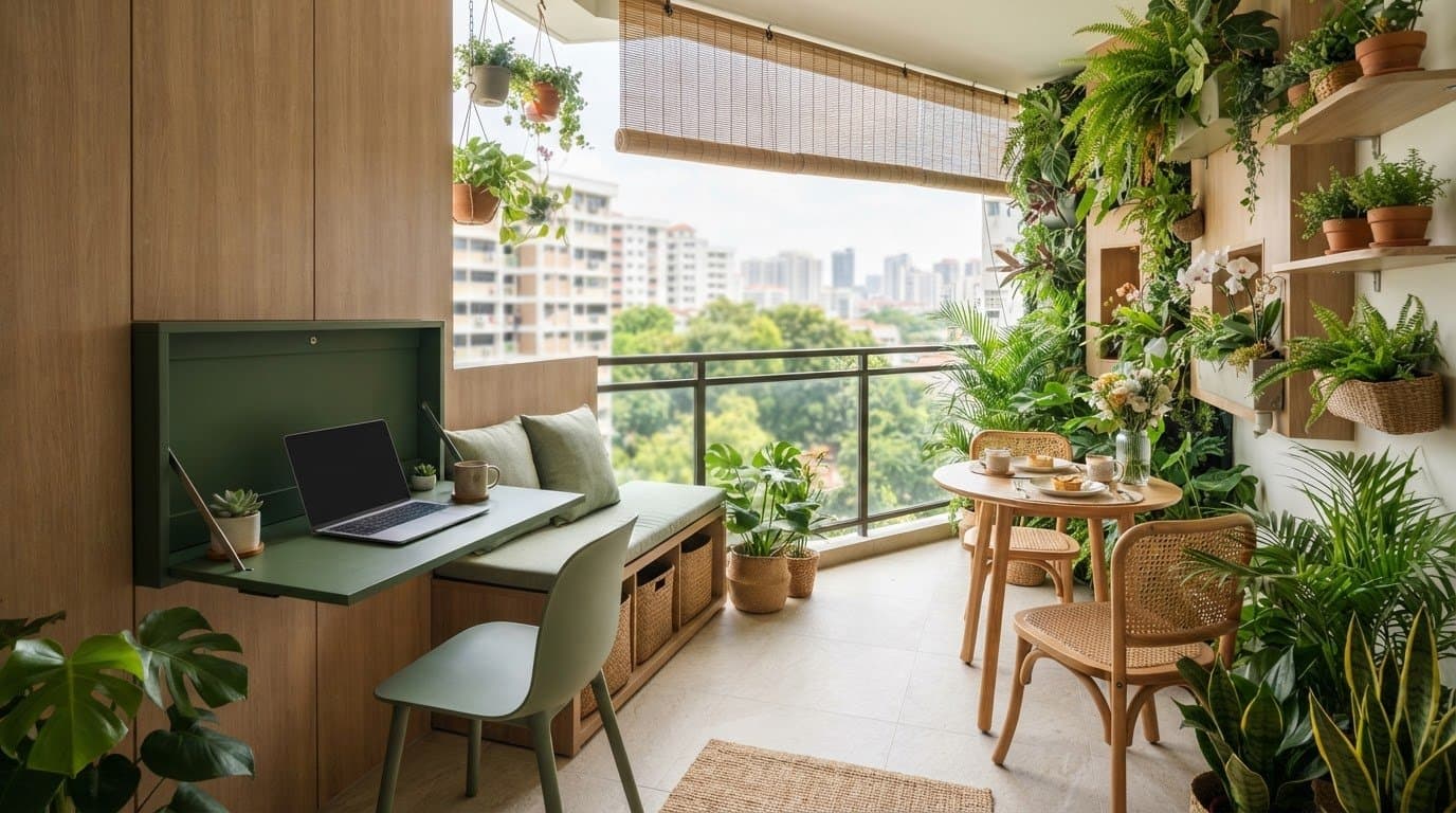 Small balcony design ideas Singapore homes can use for work and greenery